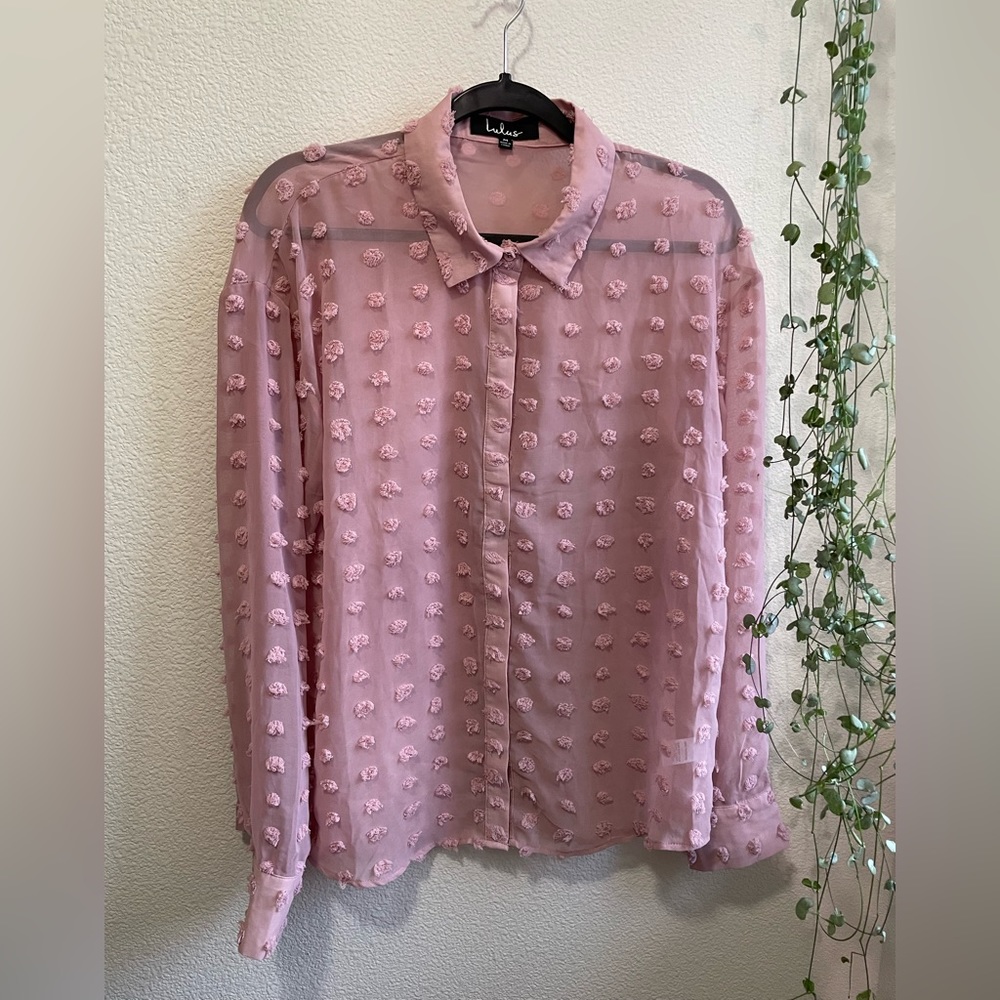 Lulus Secret Spot Dotted Sheer Long Sleeve Button-Up Top Womens